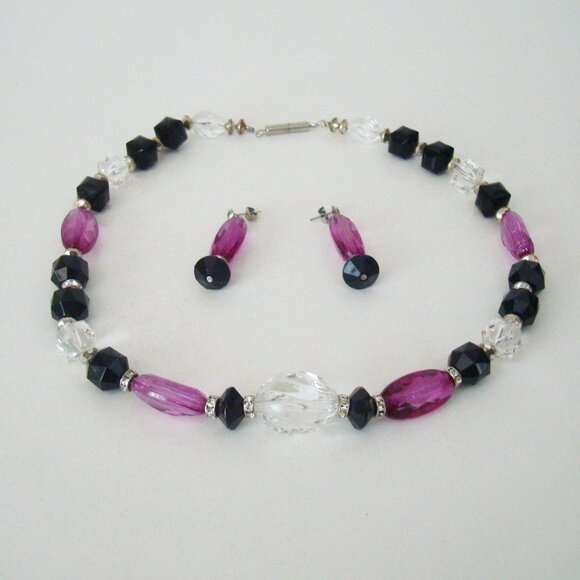 Necklace & Earrings Set Purple-Pink, Clear and Black Beads Diamante Spacers - Picture 1 of 9
